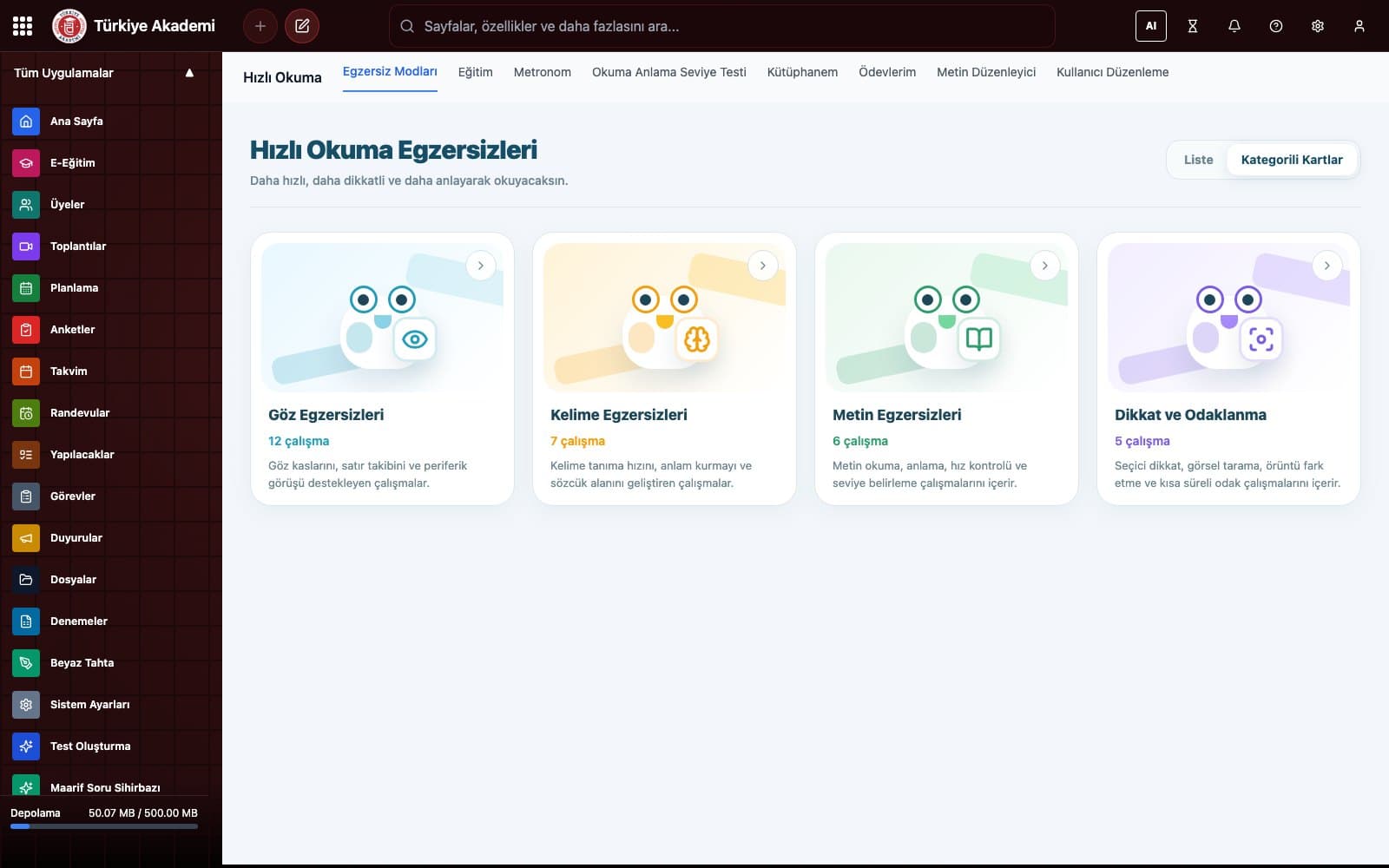 Türkiye Akademi hızlı okuma modülü ekranı
