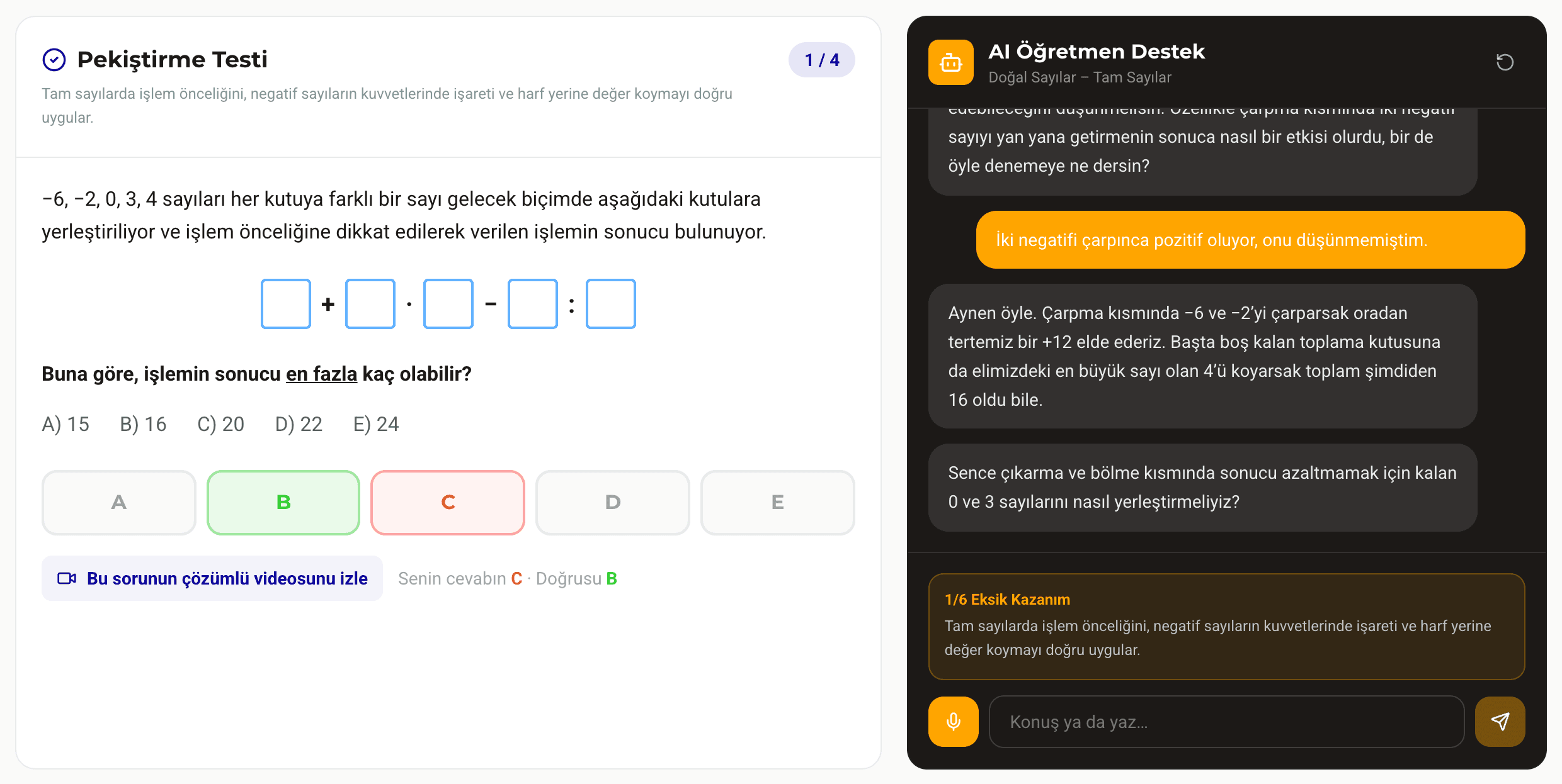 AI Öğretmen ekranı: öğrencinin yanlış işaretlediği soru ve yapay zekânın yürüttüğü diyalog